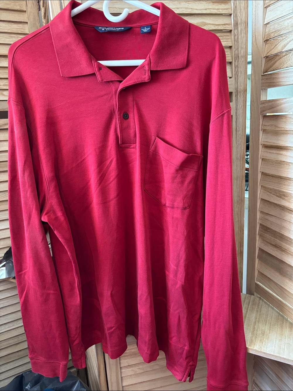 Roundtree & Yorke Men’s Long-Sleeve Polo in Rich Red with Pocket Large